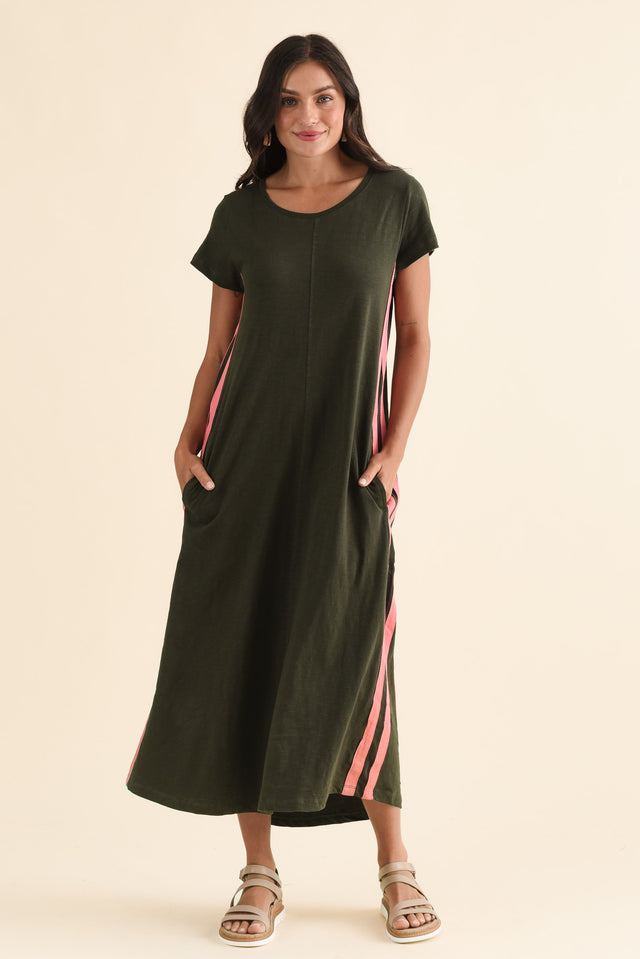 Recovery Khaki Trim Cotton Dress,Full Body,Brunette model,alt text|model:Brontie image 6