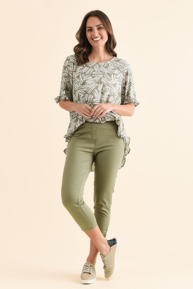 Reed Olive Stretch Cotton Capri Pants,Full Body,Brunette model,alt text|model:MJ image 2