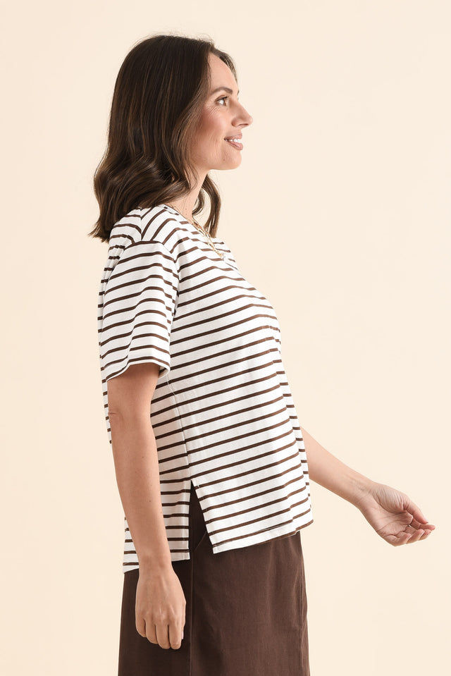 Relax Chocolate Stripe Cotton Tee,Side,Brunette model,alt text|model:MJ image 3