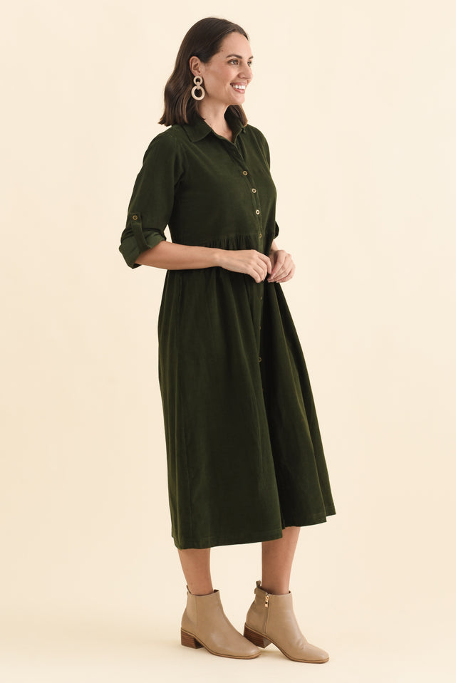 Rellie Forest Green Cotton Corduroy Dress,Brunette model,alt text|model:MJ image 4