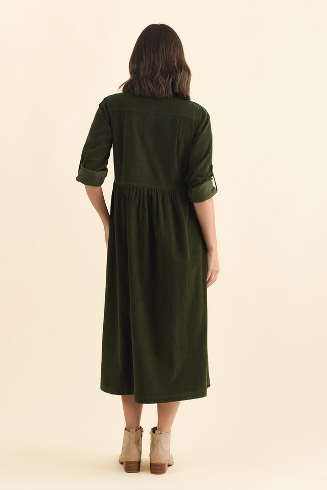 Rellie Forest Green Cotton Corduroy Dress,Brunette model,alt text|model:MJ image 5