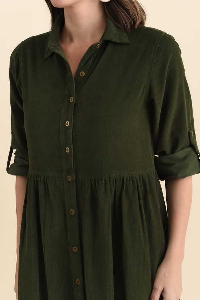 Rellie Forest Green Cotton Corduroy Dress,Brunette model,alt text|model:MJ image 6