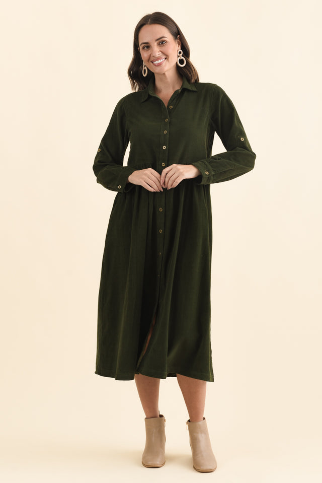 Rellie Forest Green Cotton Corduroy Dress,Brunette model,alt text|model:MJ image 7
