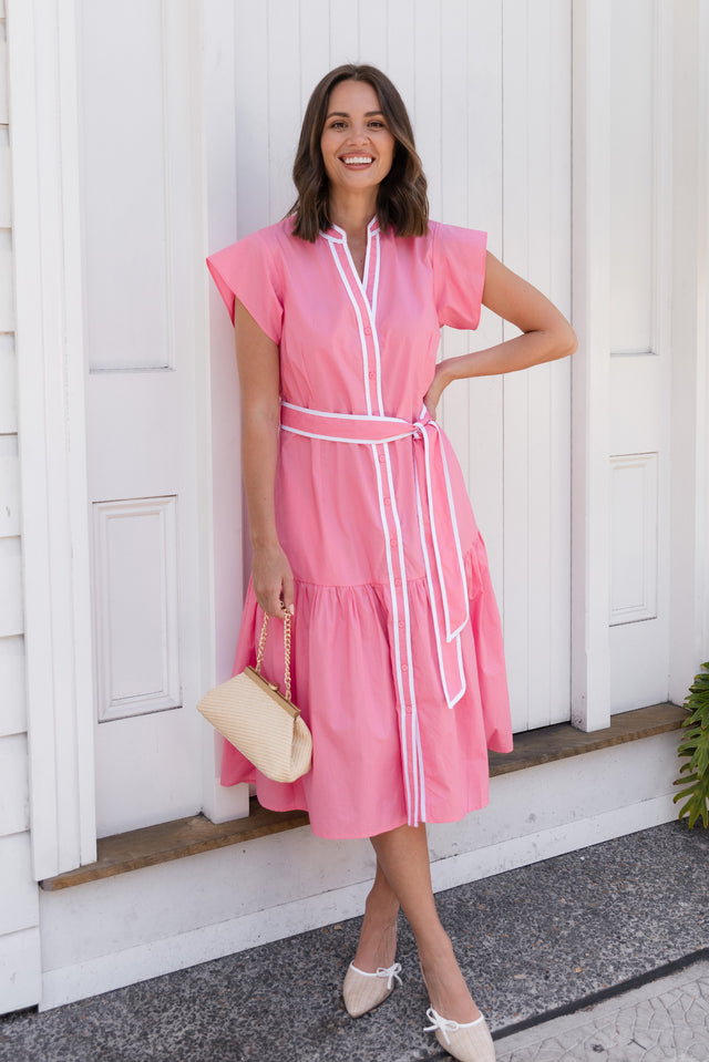 Mari Pink Contrast Cotton Tie Dress