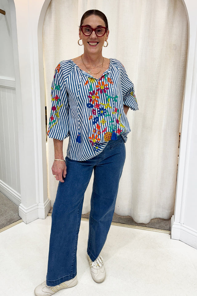 Honora Blue Stripe Embroidered Cotton Top image 1