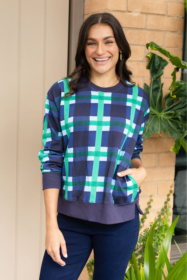 Bari Navy Check Cotton Crewneck Sweatshirt
