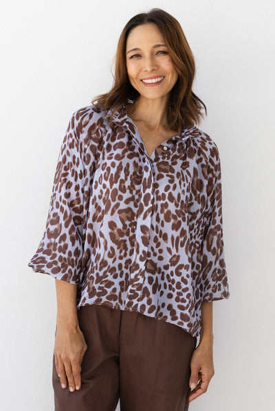 Maze Blue Leopard Ruffle Blouse