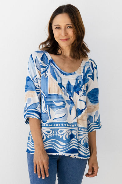 Solis Blue Abstract Cotton Blend Top