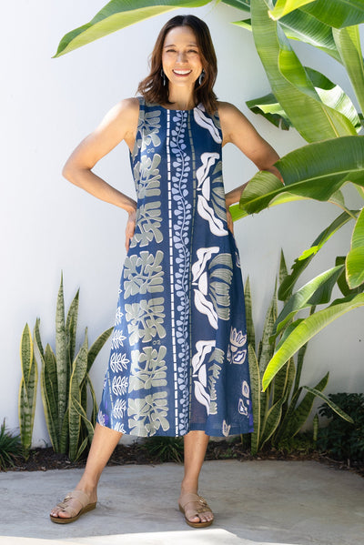 Tamera Navy Motif Organic Cotton Sleeveless Dress