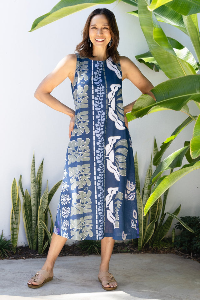 Tamera Navy Motif Organic Cotton Sleeveless Dress,Lifestyle