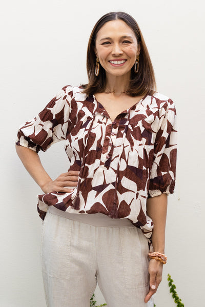 Claris Chocolate Garden Crinkle Cotton Top