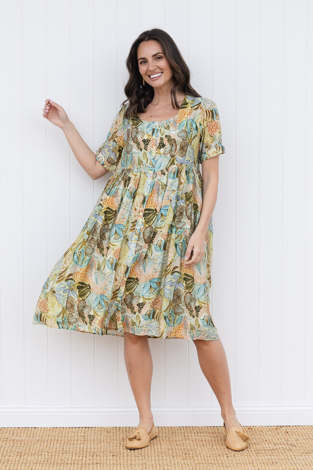 Rayna Brown Garden Button Dress,brunette model,Front of Outfit,Lifestyle image 1