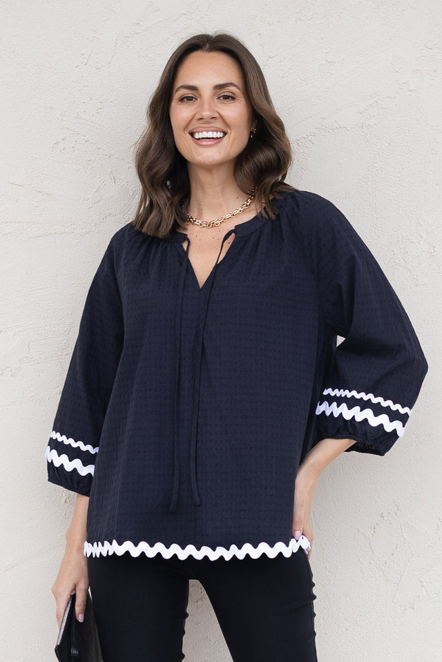 Zelma Black Trim Cotton Top,brunette model,Front of Outfit,Lifestyle
