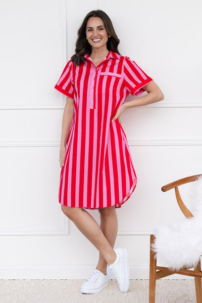 Kareem Red Stripe Cotton Collared Dress