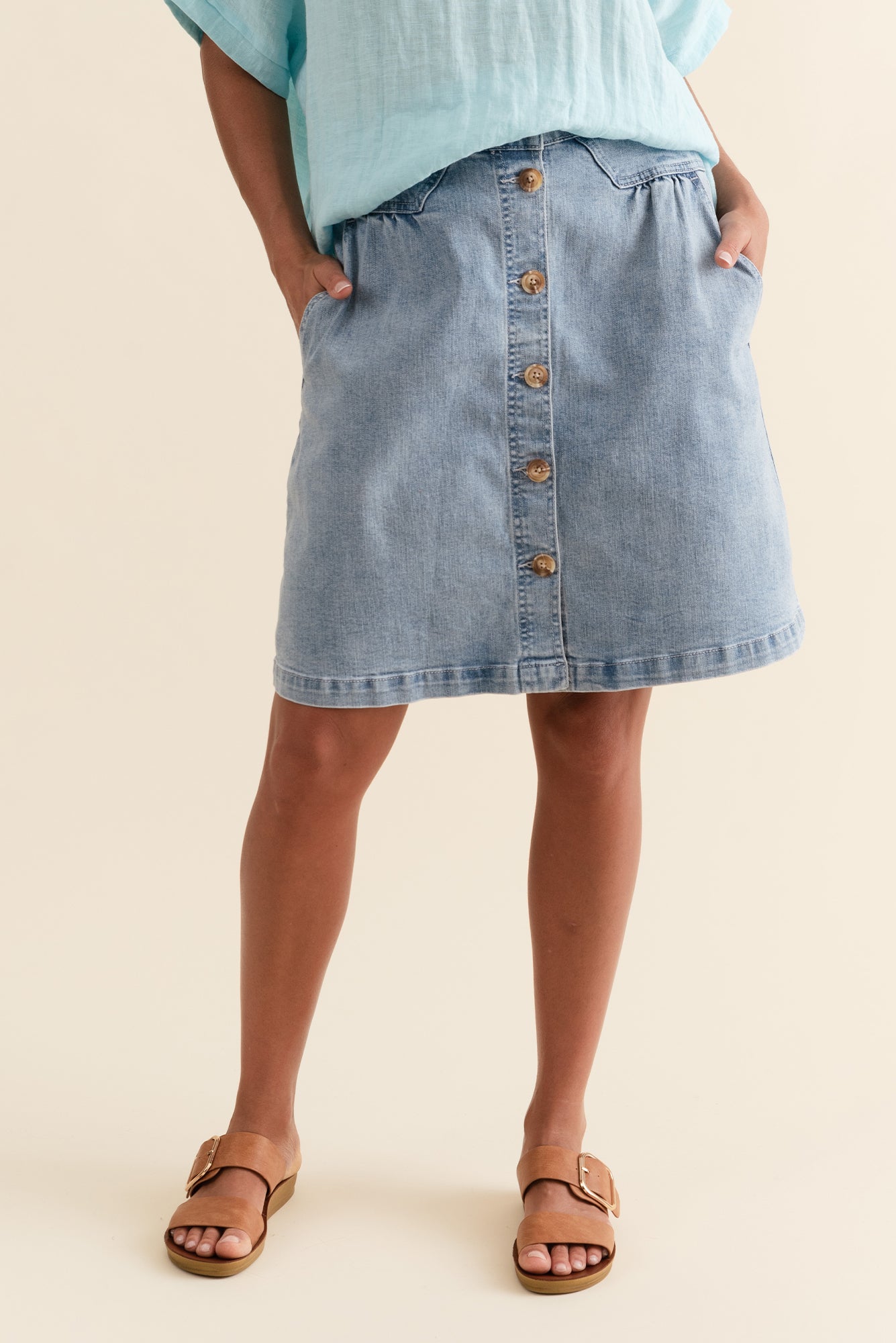 Amanda Vintage Blue Stretch Denim Skirt - Blue Bungalow AU