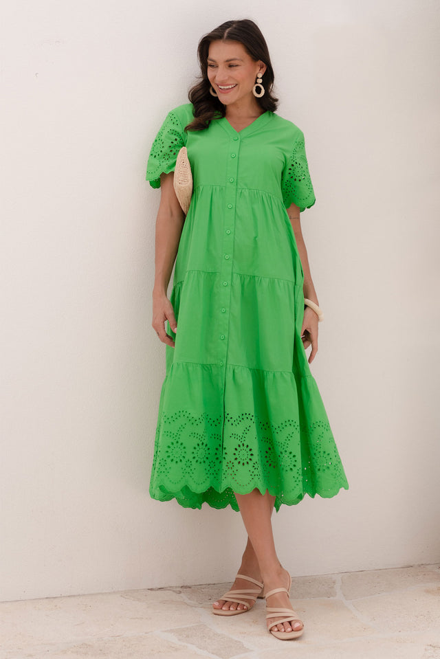 Lilith Green Embroidered Cotton Dress