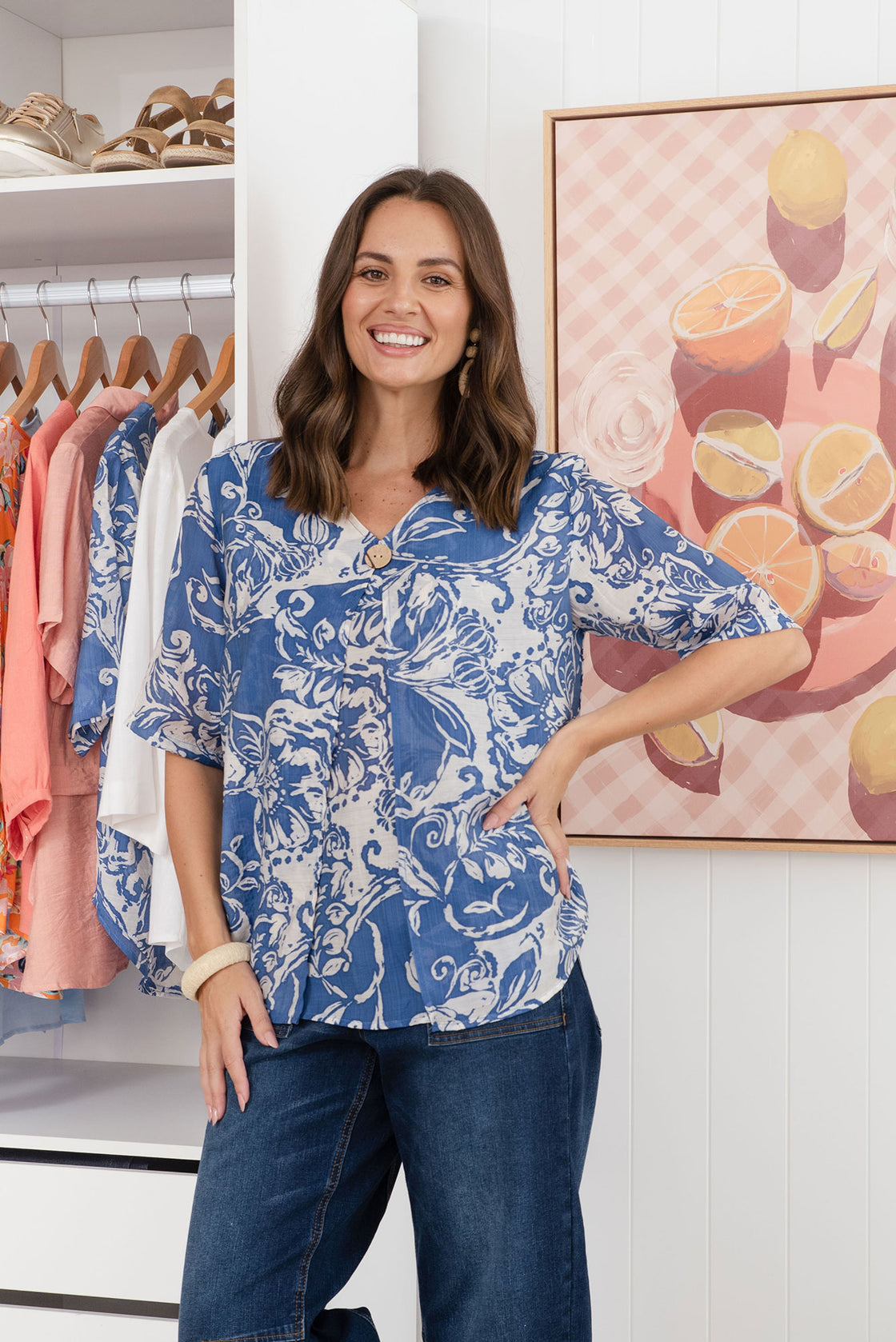 Yasmin Blue Abstract Layered Button Top - Blue Bungalow AU