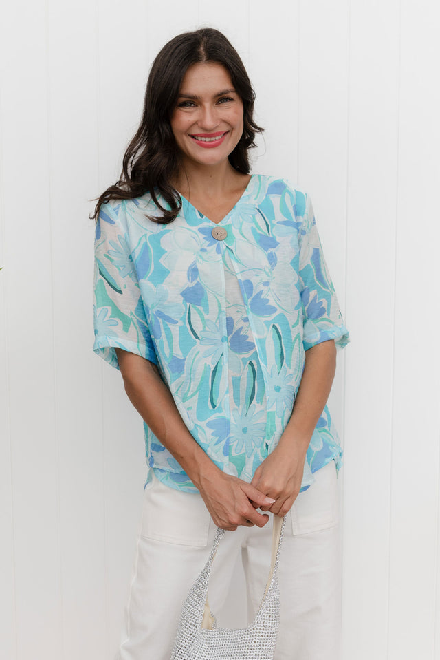 Yasmin Blue Floral Layered Button Top