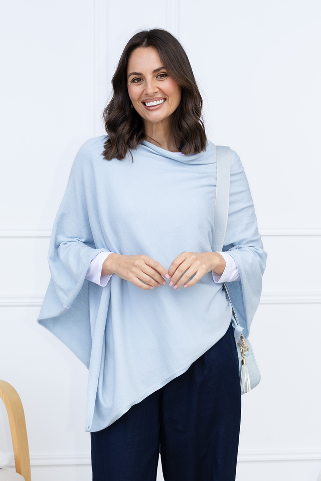 Amy Sky Blue Wool Blend Poncho,Brunette model,Lifestyle image 1