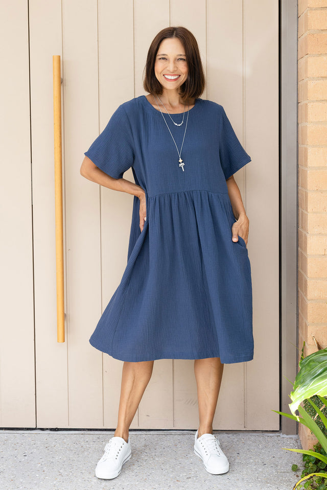 Ethel Navy Cotton Cheesecloth Dress
