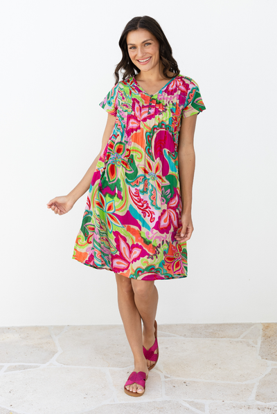 Sabina Fuchsia Botanical Crinkle Cotton Dress