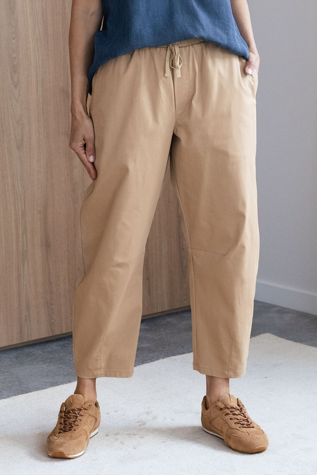 Andy Beige Cotton Cropped Barrel Pants,Lifestyle