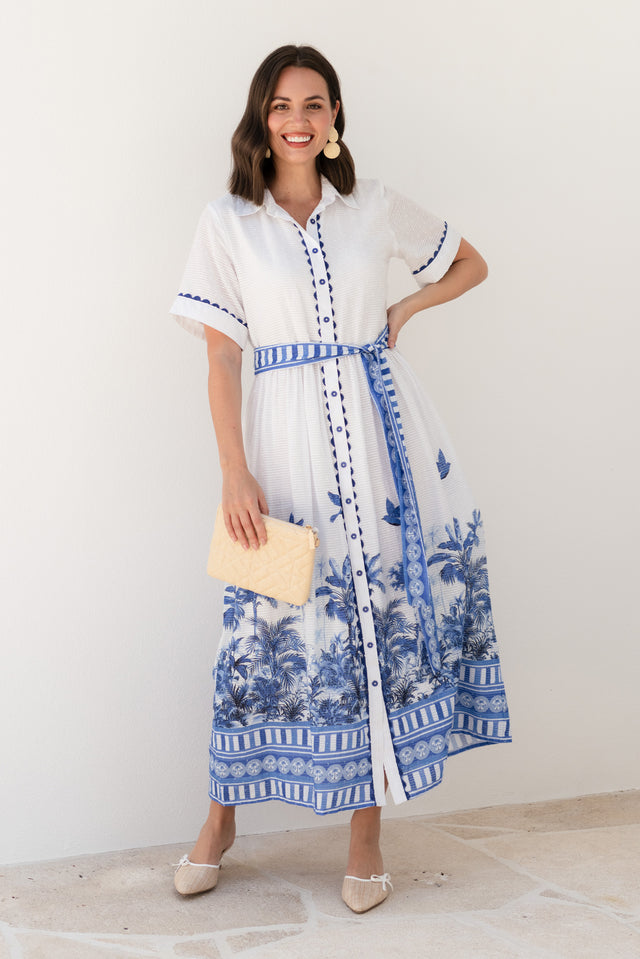 Sagara Blue Tropical Cotton Tie Dress