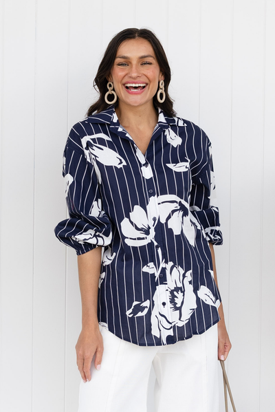 Darline Navy Floral Stripe Cotton Shirt