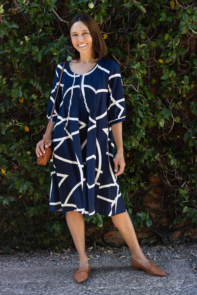 Arcadia Navy Abstract Button Dress