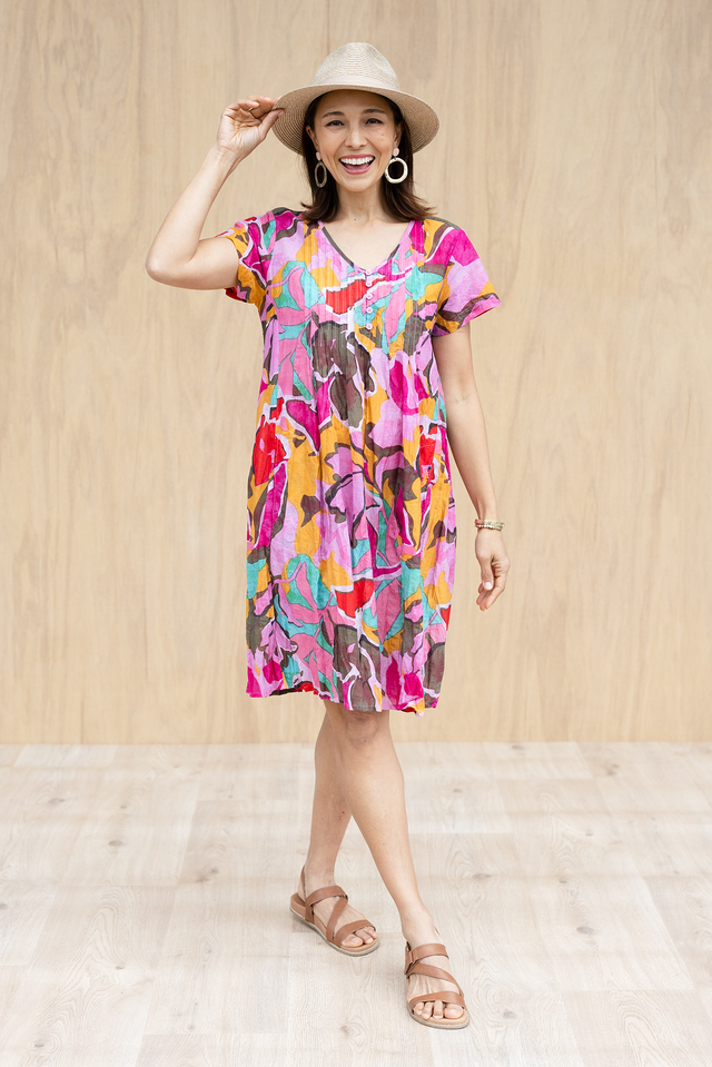 Sabina Fuchsia Garden Crinkle Cotton Dress,Lifestyle