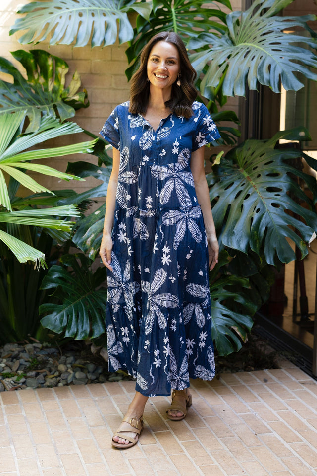 Nona Navy Flower Crinkle Cotton Maxi Dress,Lifestyle
