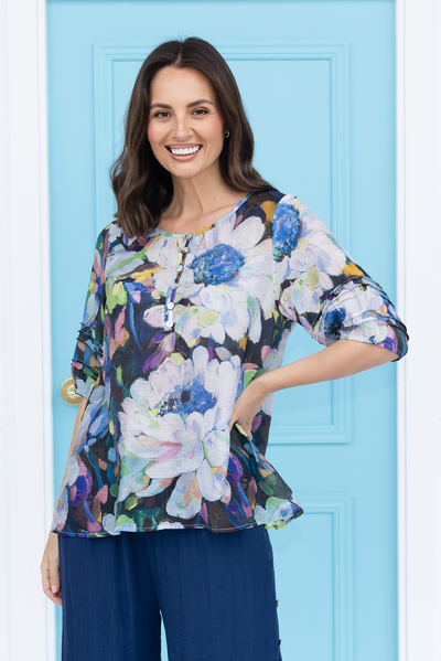 Acacia Blue Floral Button Top