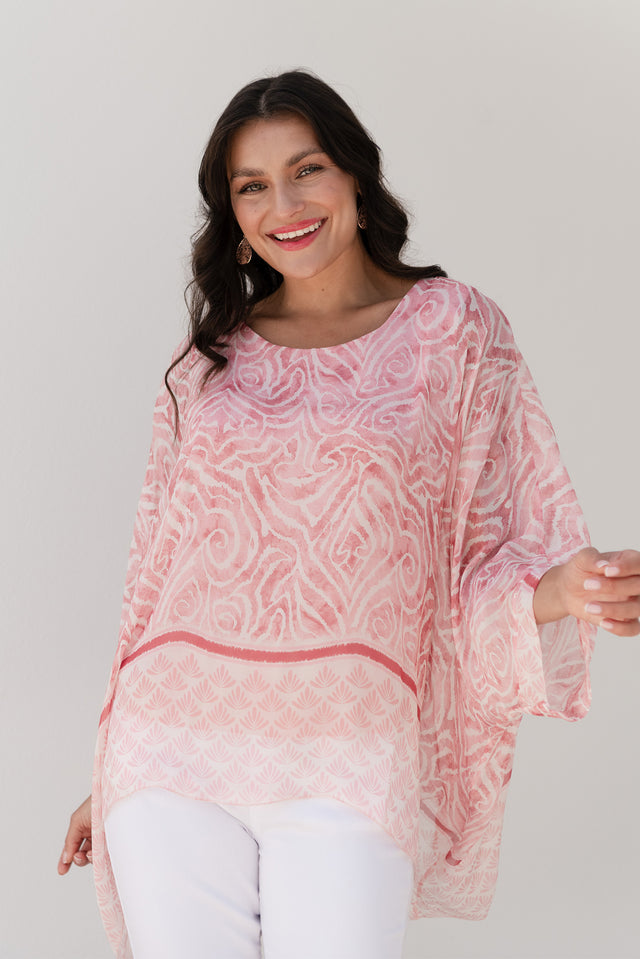 Trevino Pink Abstract Silk Overlay Top