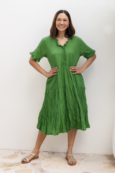 Cinder Fern Green Crinkle Cotton Ruffle Dress