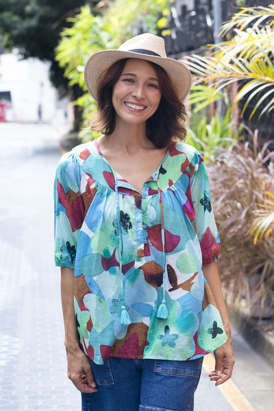 Claris Teal Flower Crinkle Cotton Top