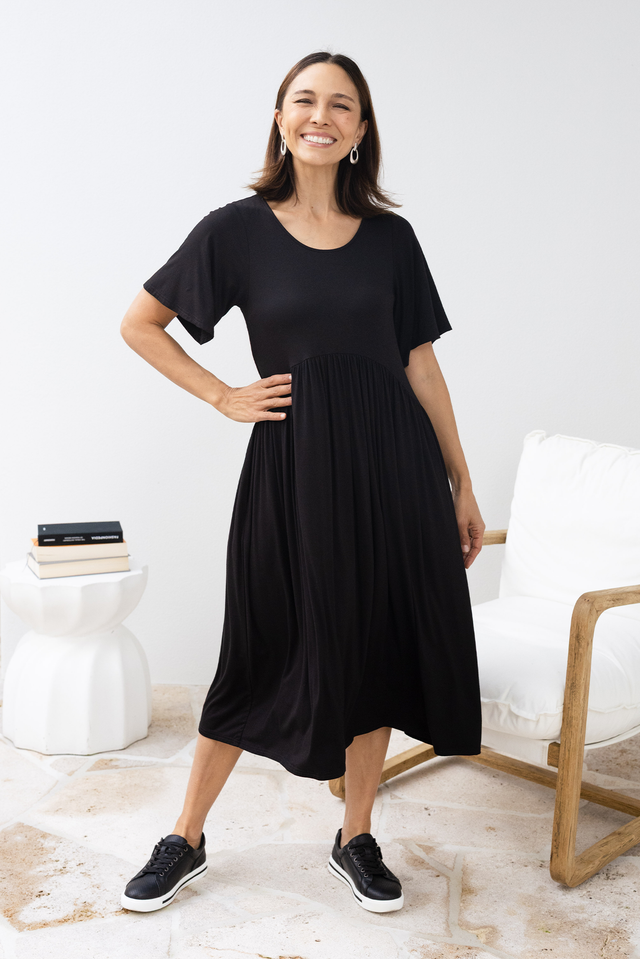 Dalton Black Crescent Dress,Brunette model,Lifestyle