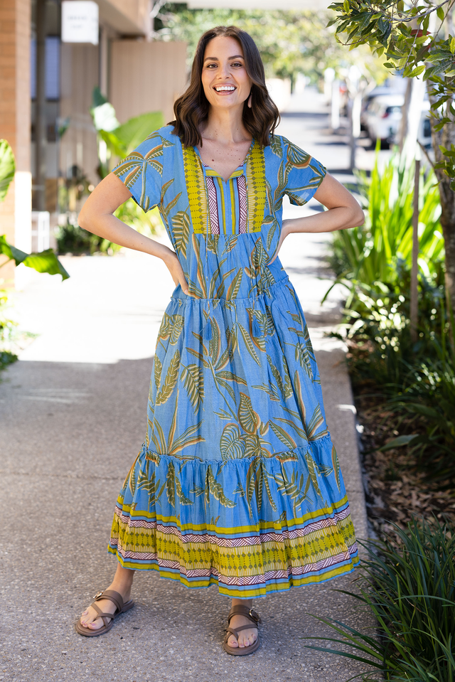 Nona Blue Island Crinkle Cotton Maxi Dress