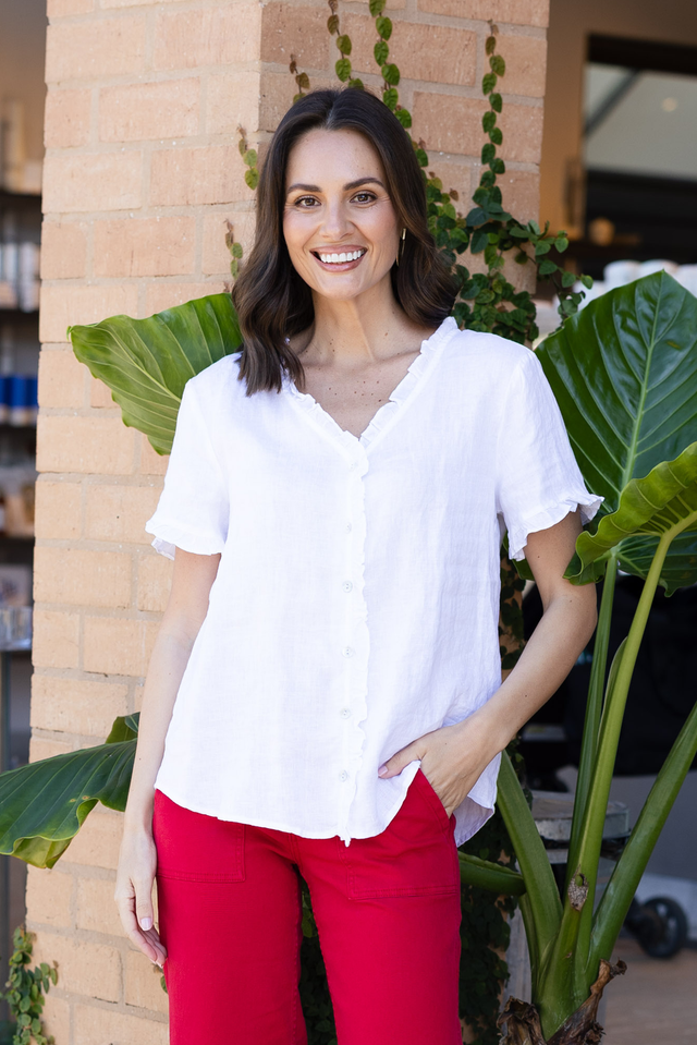 Audrey White Linen Button Top