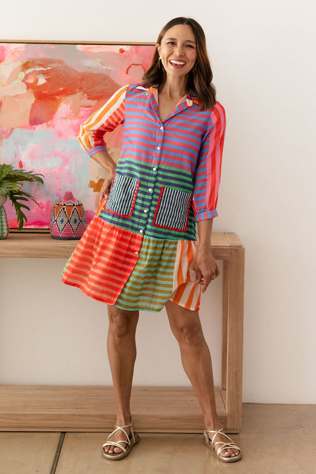 Canto Multi Stripe Cotton Collared Dress,Lifestyle