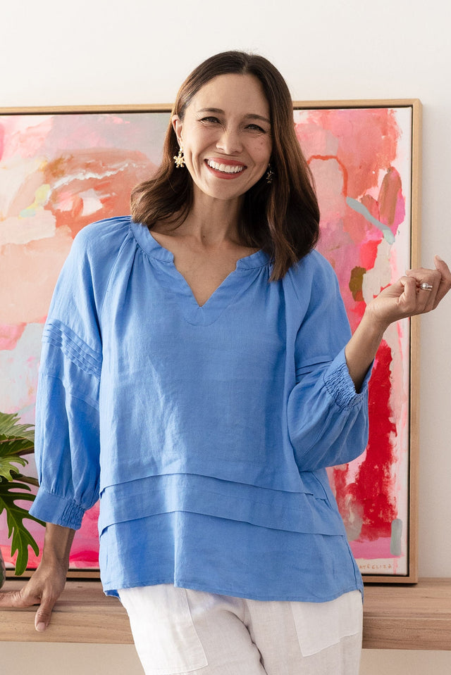 Kate Blue Linen Tiered Top,Lifestyle
