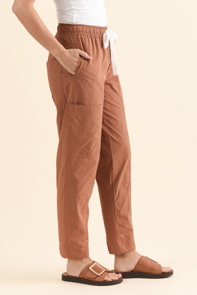 Reva Rust Cotton Drawstring Pants,Side,Brunette model,alt text|model:MJ image 3