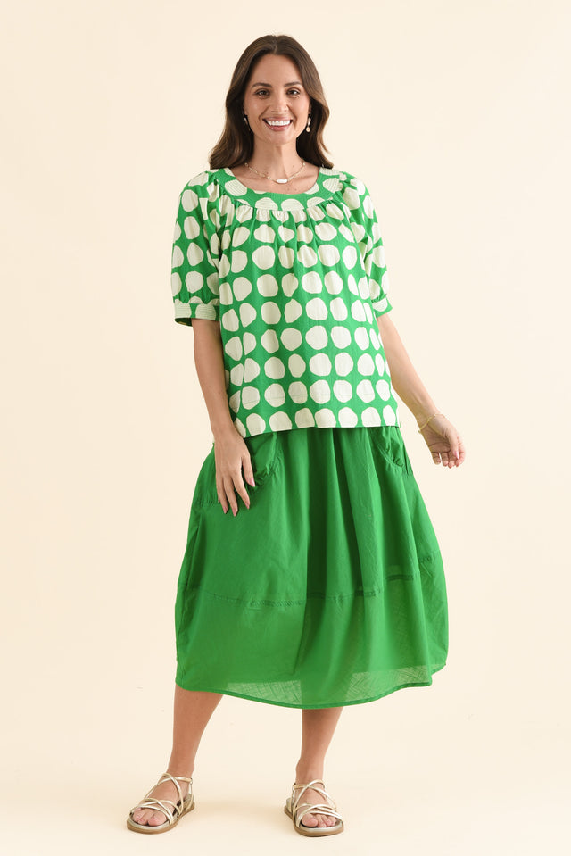 Rhea Green Spot Cotton Top,Full Body,Brunette model,alt text|model:MJ