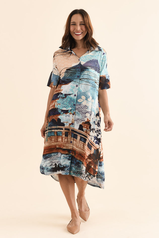 Rhonda Beige Vista Shirt Dress,Front,Brunette model,alt text|model:Cara image 1