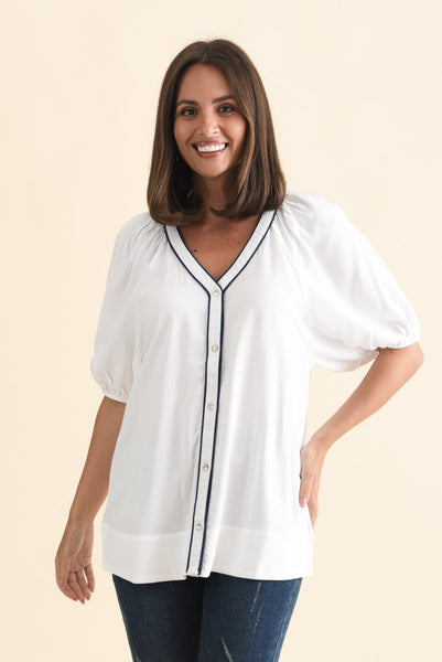 Rio Reef White Contrast Button Blouse - Blue Bungalow AU