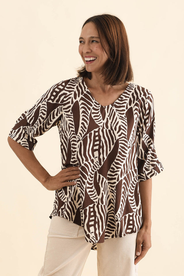 Riveria Brown Leaf V Neck Top