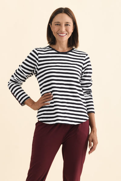 Riviera Navy Stripe Cotton Long Sleeve Tee,Brunette model,alt text|model:Cara