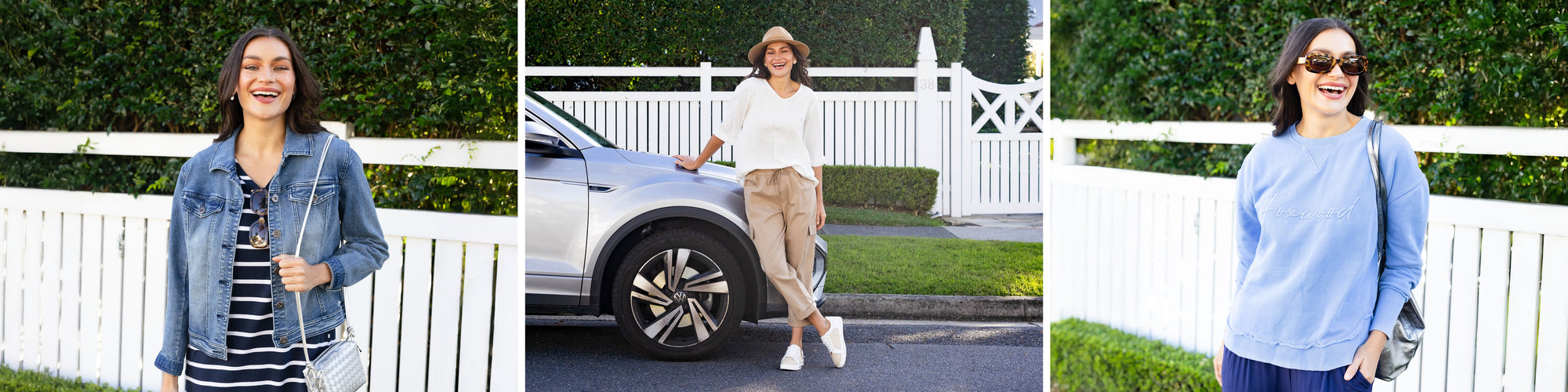 Brunette model in three mature woman road trip outfits 2