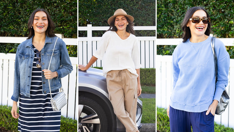 Brunette model in three mature woman road trip outfits 3