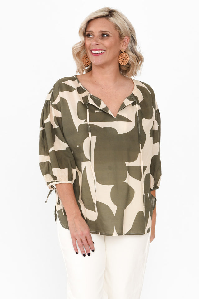 Roanne Khaki Geo Cotton Top image 1