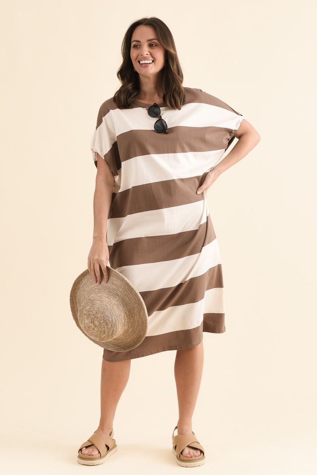 Rocco Chocolate Stripe Cotton Pocket Dress,Front,Brunette model,alt text|model:MJ image 1